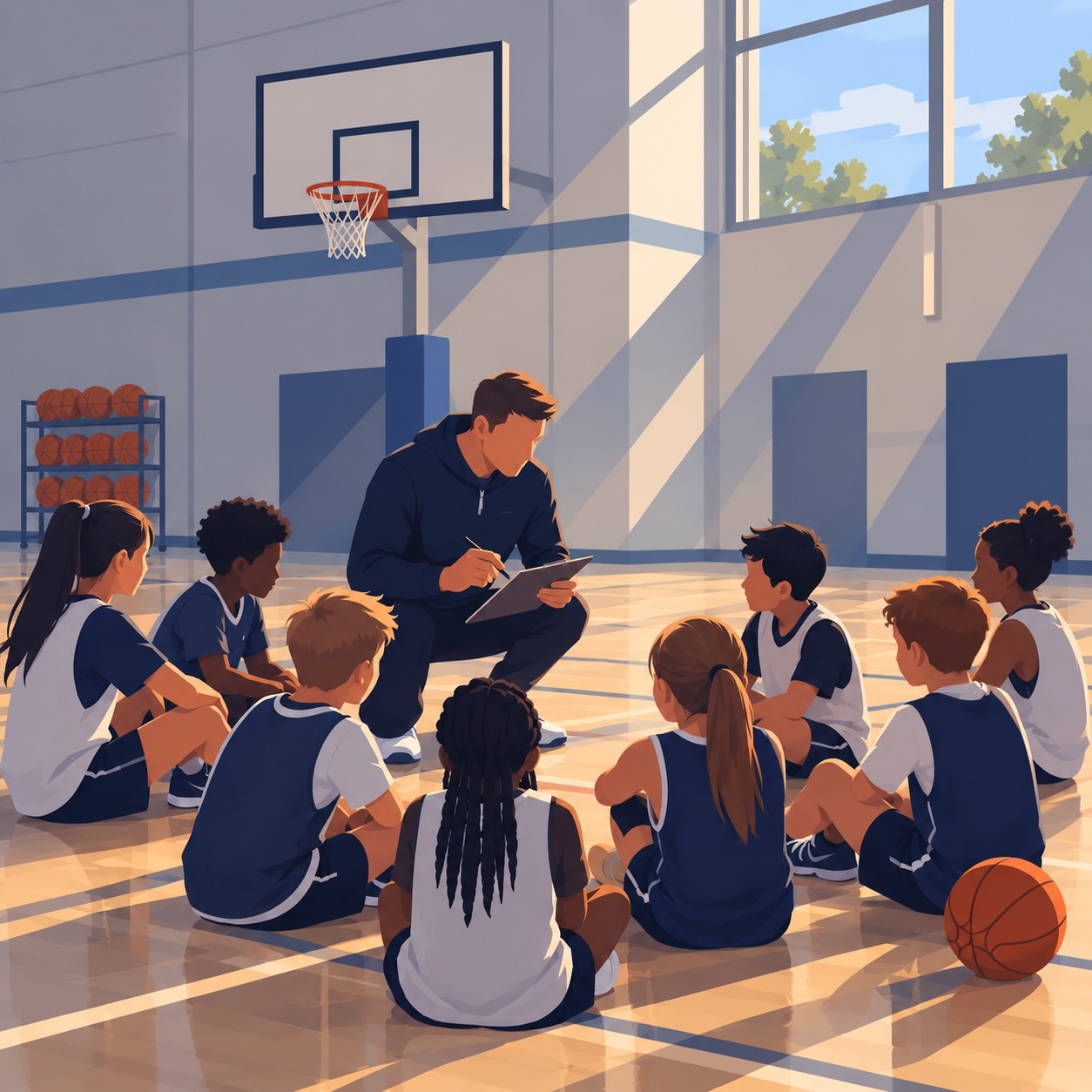 Basketball coach talking with a youth team