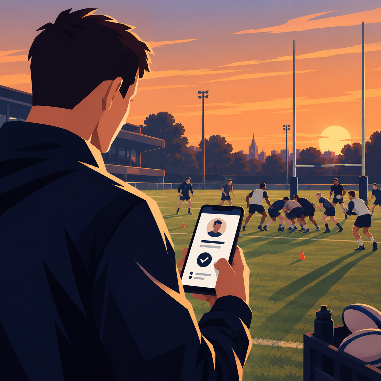 Coach reviewing a professional profile pitchside during a rugby session